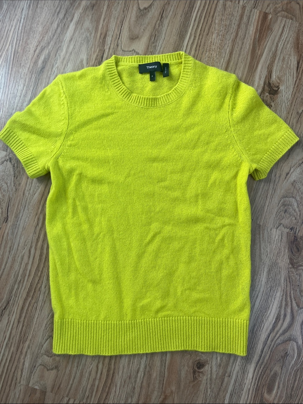 Theory Neon Yellow Short-Sleeve Cashmere Crewneck Sweater